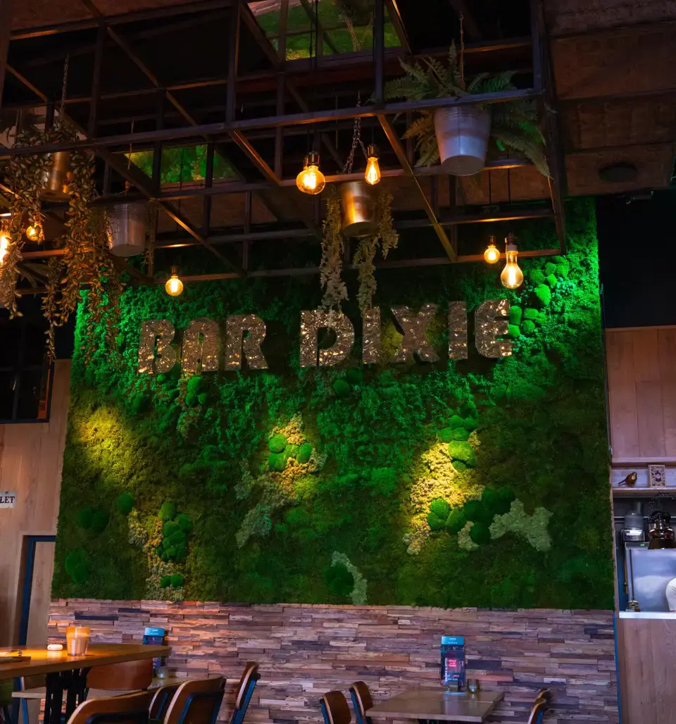 Moswand met groen en Bar Dixie logo﻿